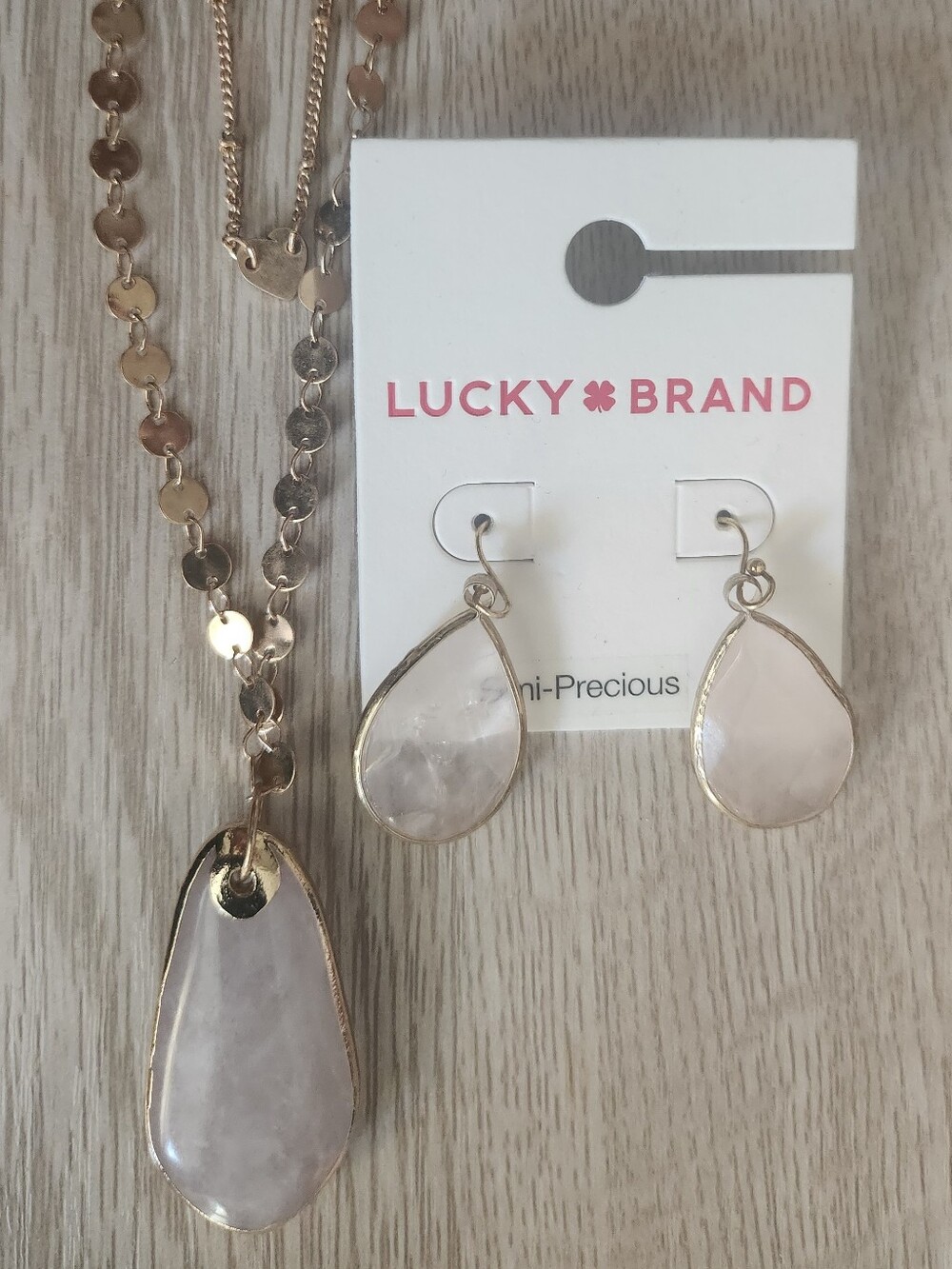 Lucky Brand Pink Rose Quartz Teardrop Necklace & Earrings Set - Gold-Tone